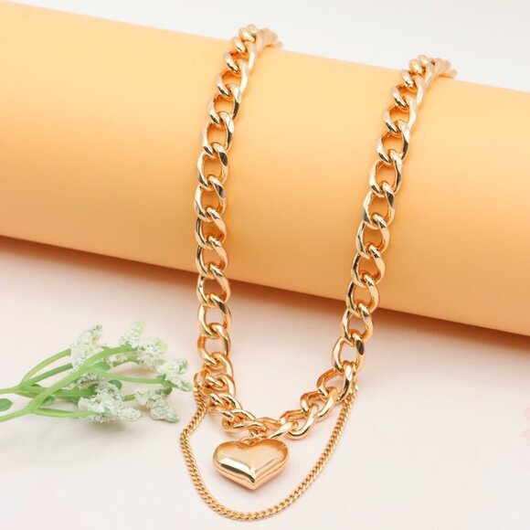 Chunky Yellow Gold Chain Necklace with Heart , XPNL0300 - Picture 7 of 12